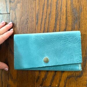 Portland Leather Wallet fold with snap teal/seafoam color 4.25 by 7.5